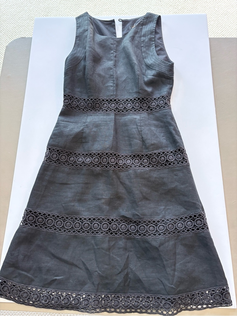 Laundry By Shelli Segal Black Linen Lace Trim Midi Dress
